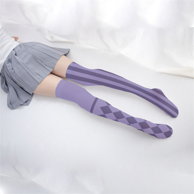 Purple Striped Gothic Geometric Pattern Thigh High Socks